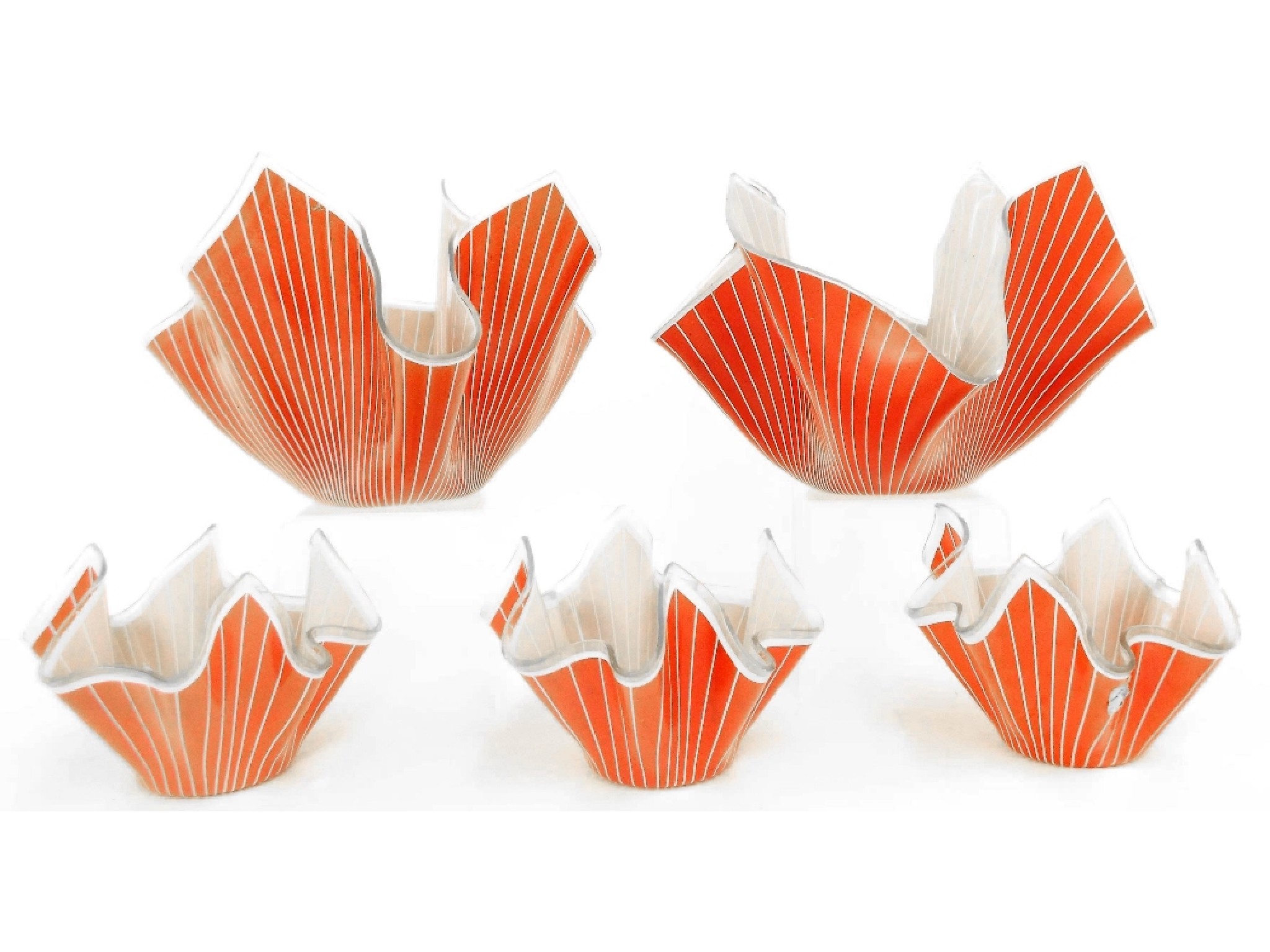 Appraisal: Five Chance glass handkerchief vases decorated with pinstripes on a