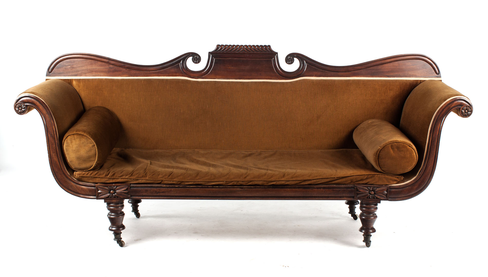 Appraisal: George IV classical mahogany sofa circa carved broken pediment crest