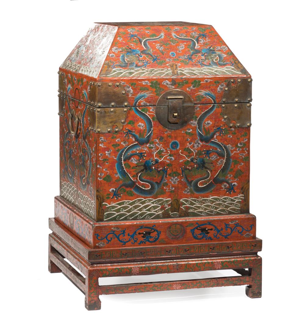 Appraisal: Large Chinese Brass-Mounted Incised and Polychrome Painted Red Lacquer Chest