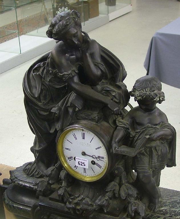 Appraisal: Impressive French bronzed spelter figural two train mantel clock the