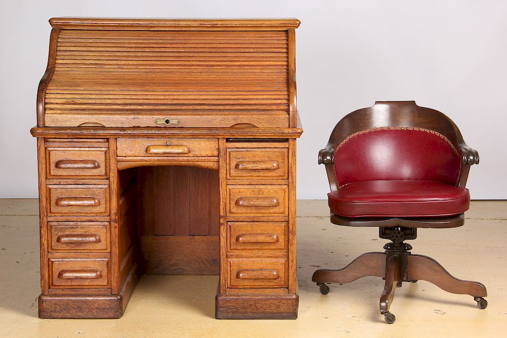 Appraisal: Antique Oak Rolltop Desk and Associated Chair Antique Oak Rolltop