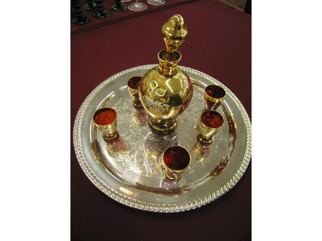 Appraisal: Ruby Art Glass Decanter Cordials ornate floral gold with silverplate