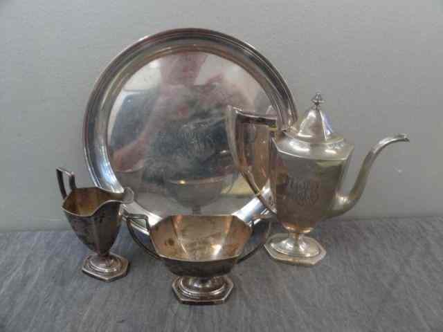 Appraisal: STERLING Piece Tea Set with Tray Monogrammed From a Larchmont