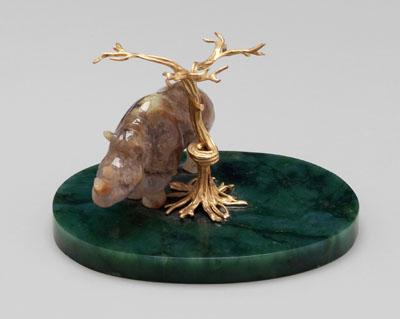 Appraisal: Carved agate rhinoceros full-figure rhinoceros standing under gilt tree on