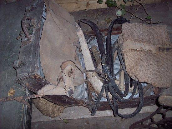 Appraisal: A leather trunk containing sundry harness including hames etc