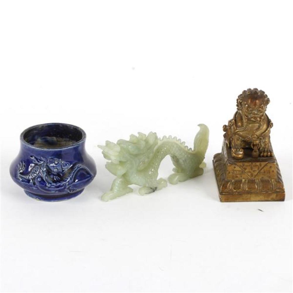 Appraisal: CHINESE DECORATIVE ARTS PC GROUPING CARVED JADE DRAGON BRONZE FOO