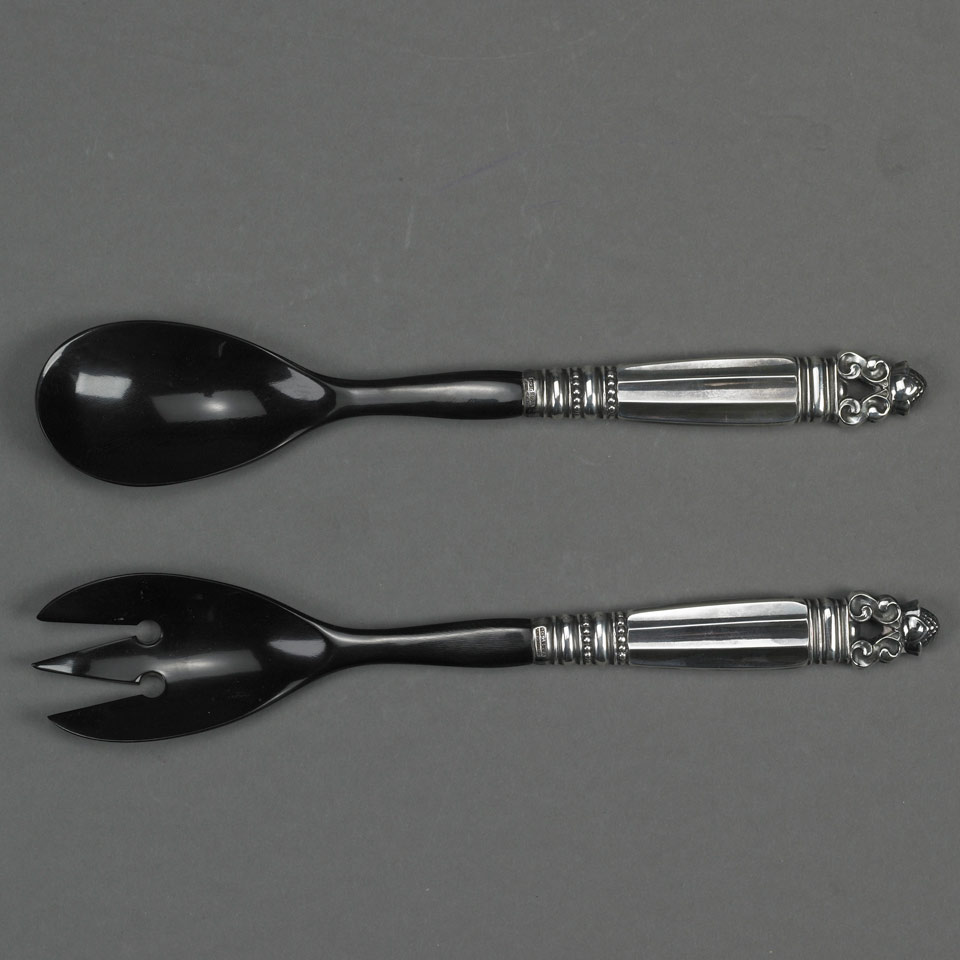 Appraisal: Pair of Danish Silver Acorn Pattern Salad Servers Georg Jensen