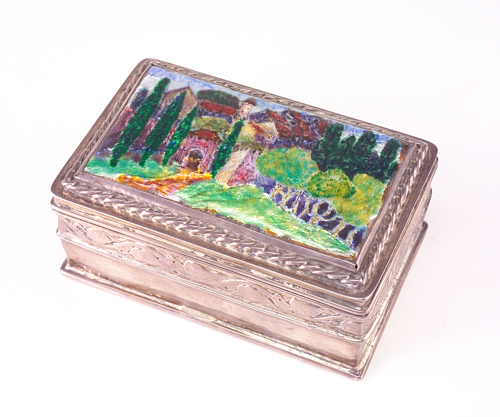 Appraisal: RAMSDEN AND CARR Silver hinged rectangular box with enameled lid