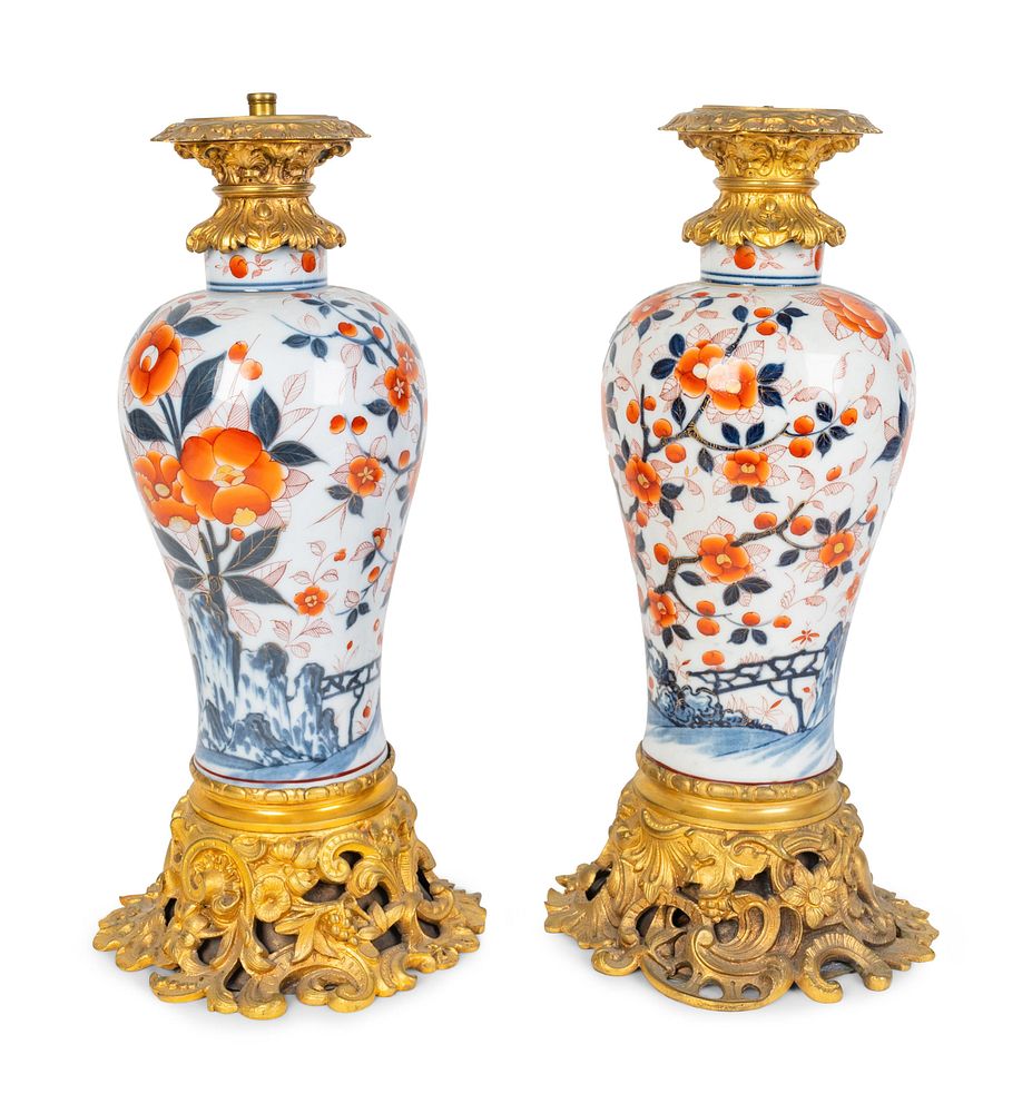 Appraisal: A Pair of Gilt-Bronze-Mounted Japanese Imari Porcelain Vases Height inches