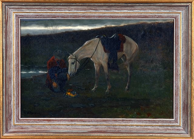 Appraisal: Military officer kneeling at fire with horse oil on canvas