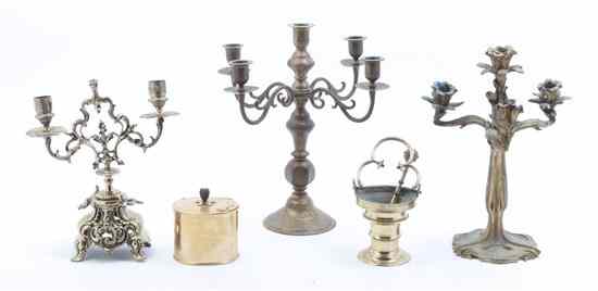 Appraisal: A Pair of Continental Brass Three-Light Candelabra together with two