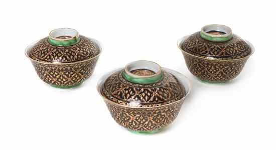 Appraisal: Three Chinese Thai Porcelain Covered Bowls each having allover polychrome