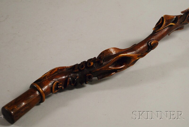 Appraisal: Folk Art Figural Carved Willow Walking Stick incorporating flowing initials