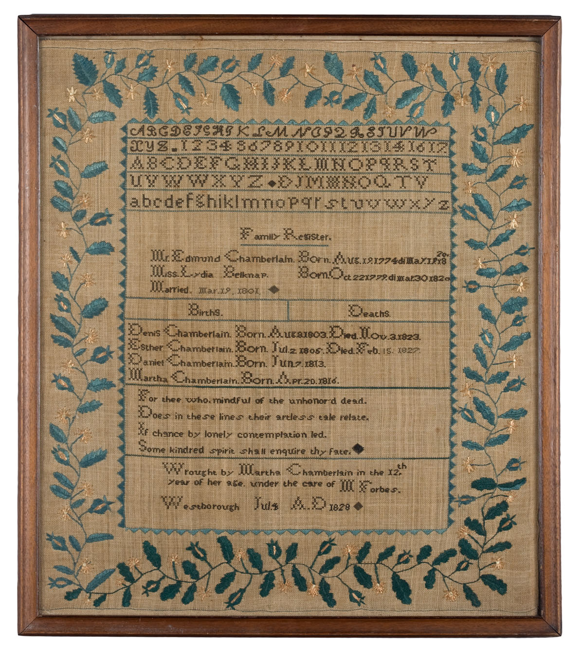 Appraisal: NEEDLEWORK SAMPLER AND FAMILY REGISTER WROUGHT BY MARTHA CHAMBERLAIN UNDER