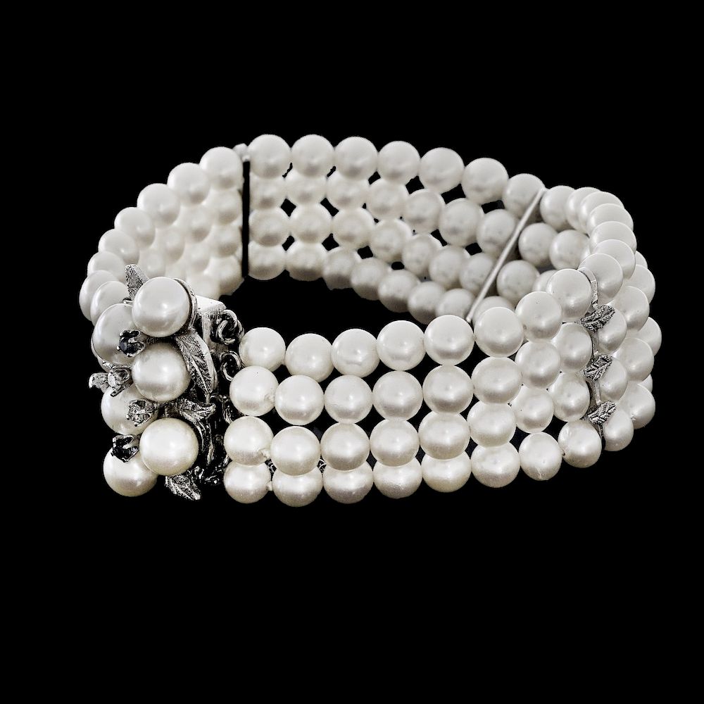 Appraisal: Pearl Diamond and Sapphire Bracelet Vintage Four Strand mm Pearl