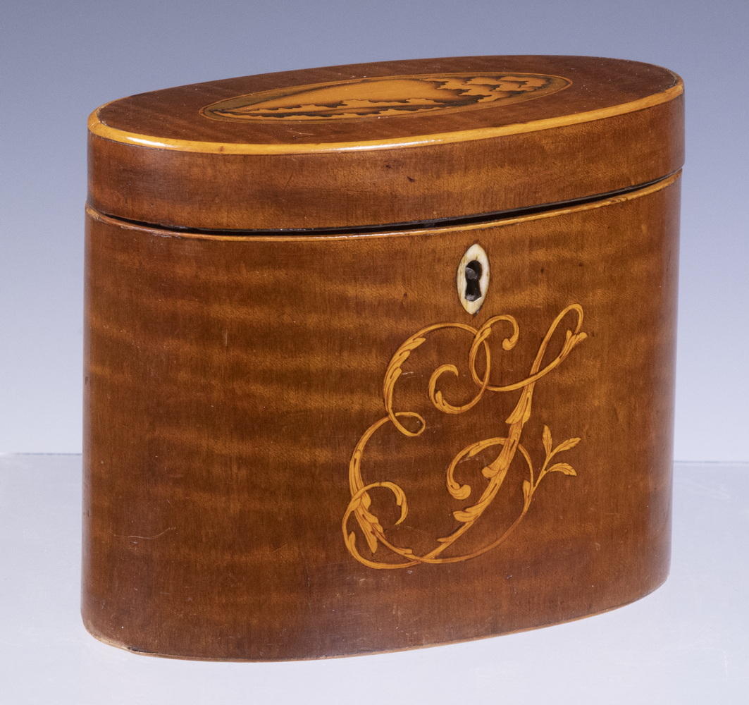 Appraisal: OVAL TEA CADDY Early th c English Inlaid Satinwood Tea