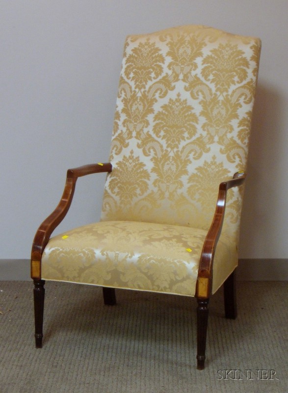 Appraisal: Federal-style Damask Upholstered Inlaid Mahogany Easy Chair