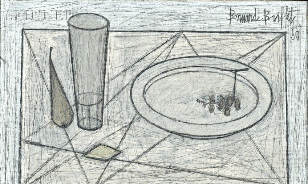 Appraisal: Bernard Buffet French - Nature morte l'assiette et verre Signed