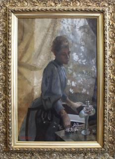 Appraisal: th C Large Painting of Elegant Woman Near Window th