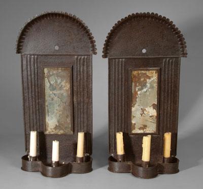 Appraisal: Pair tin mirrored sconces each with crimped demilune top over