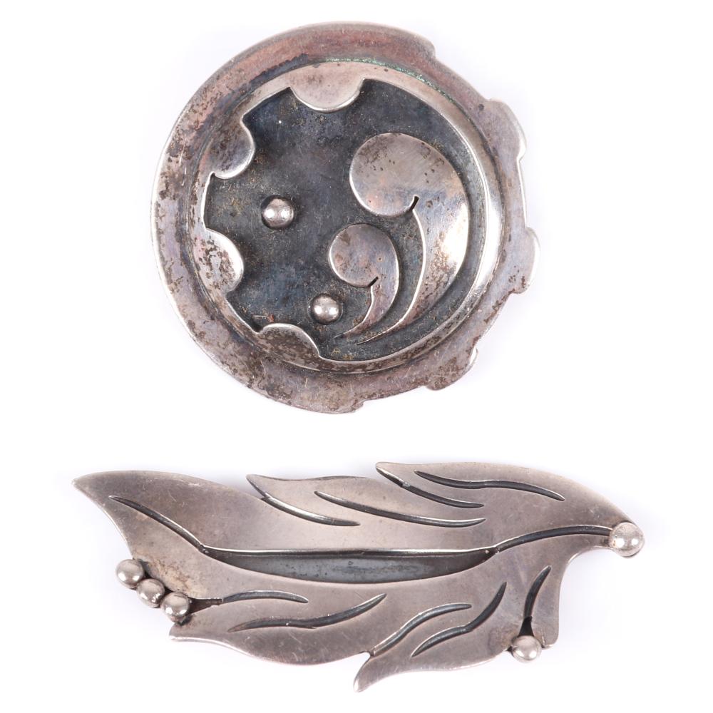 Appraisal: TWO MEXICAN MODERNIST STERLING SILVER PINS MARICELLA TAXCO CARVED LEAF