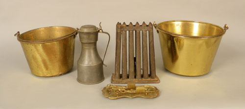 Appraisal: Two brass buckets together with a candlemold pewter flagon and