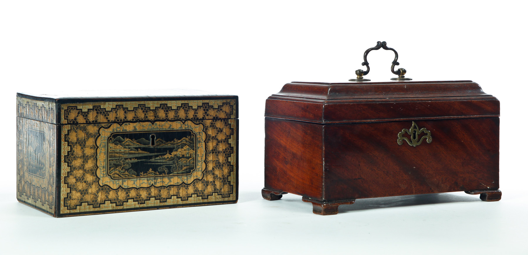 Appraisal: TWO TEA CADDIES Nineteenth century English mahogany with brass bale