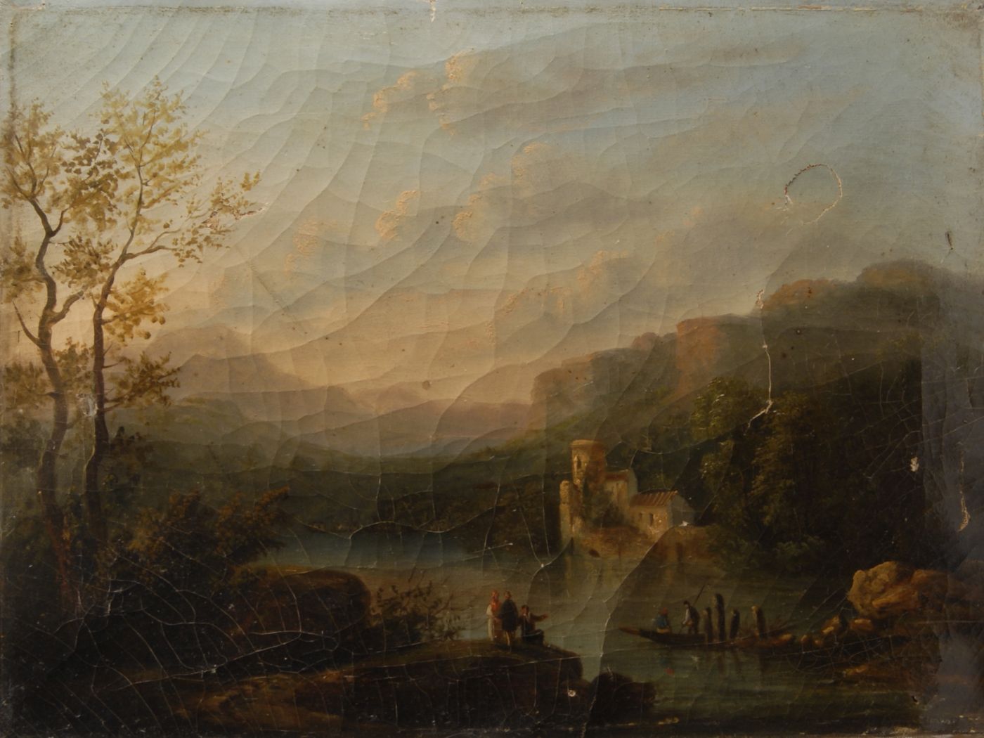 Appraisal: UNFRAMED PAINTING ARTIST UNKNOWN European landscape depicting figures by a