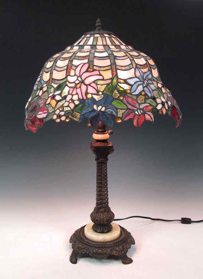 Appraisal: CONTEMPORARY LEADED GLASS TABLE LAMP Patinated metal base '' h