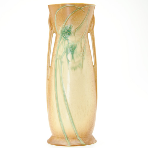 Appraisal: ROSEVILLE Futura corseted two-handled vase decorated with green thistle on