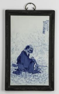 Appraisal: Chinese porcelain plaque depicting a scholar h Chinese blue and