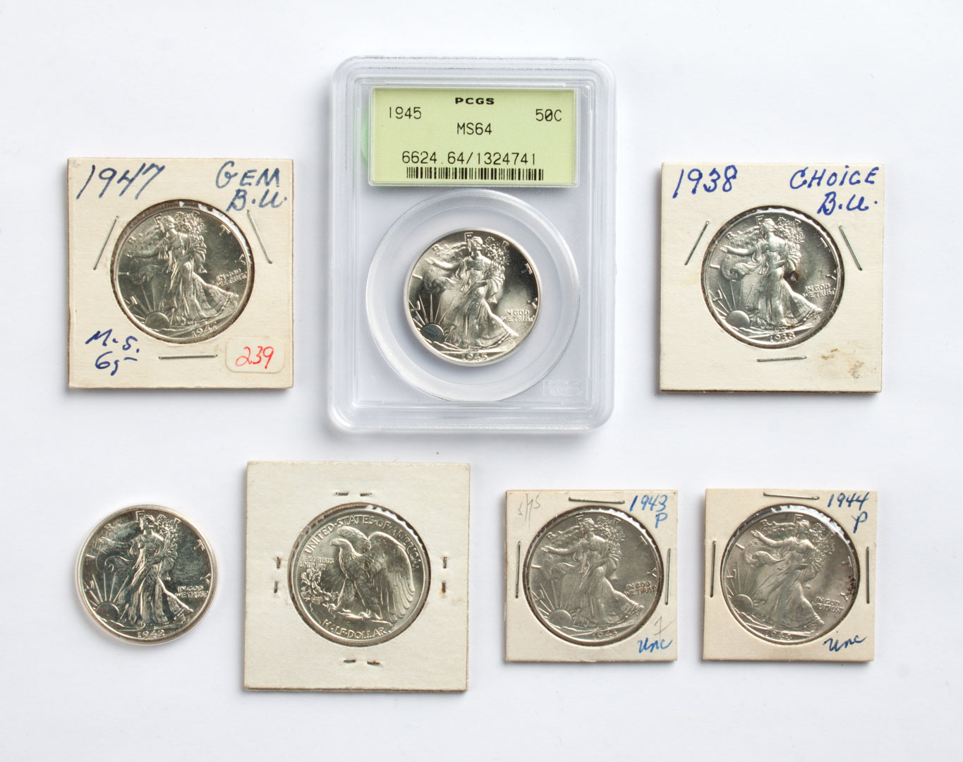 Appraisal: Seven U S Walking Liberty silver half dollars comprising MS-