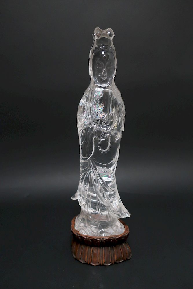 Appraisal: Chinese Carved Rock Crystal Standing Guanyin Hardwood stand H x