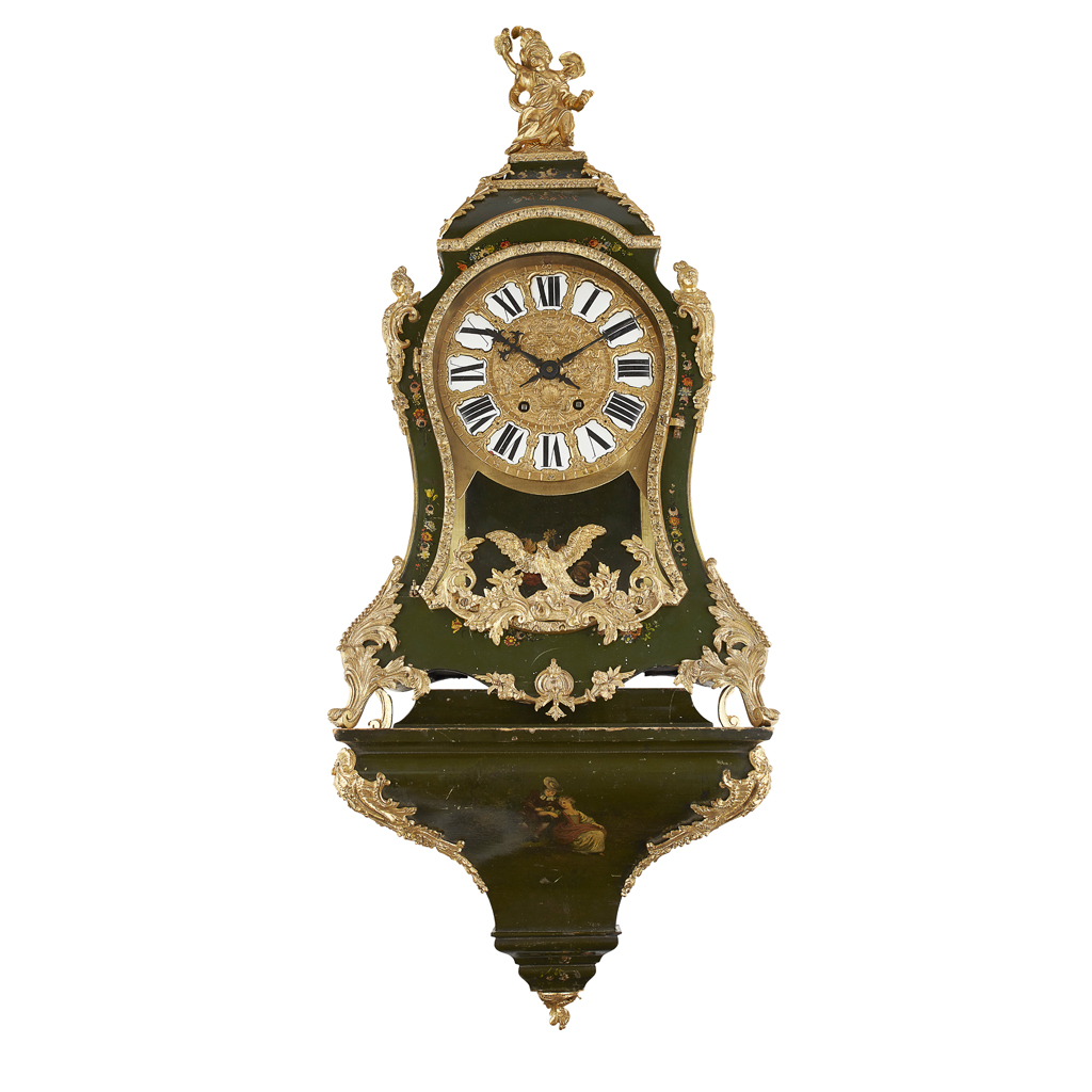 Appraisal: FRENCH LOUIS XV STYLE GREEN JAPANNED BRACKET CLOCK AND BRACKET