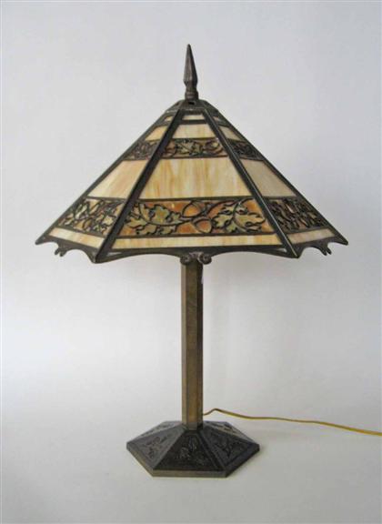 Appraisal: Art glass and patinated metal table lampbradley hubbard early th