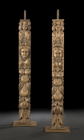 Appraisal: Tall Pair of Continental Carved Oak Furniture Pilasters fourth quarter