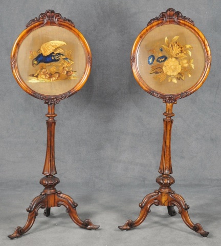 Appraisal: Pair Beaux Arts Fire ScreensOf circular form with crewel embroidered