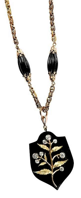 Appraisal: Antique kt Diamond Necklace carved onyx beads fancy link chain