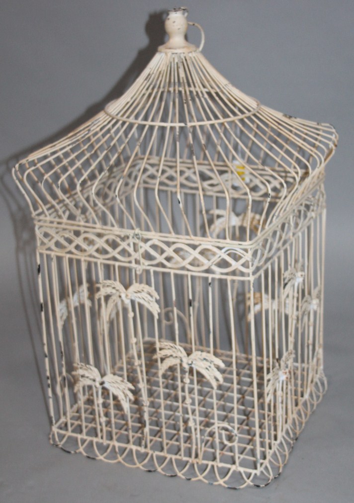 Appraisal: A modern meshwork bird cage painted cream with shaped canopy