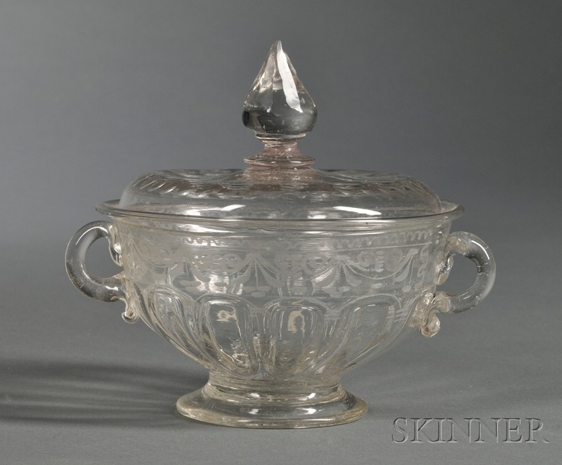 Appraisal: Colorless Blown Molded Cut and Engraved Covered Glass Sugar Bowl