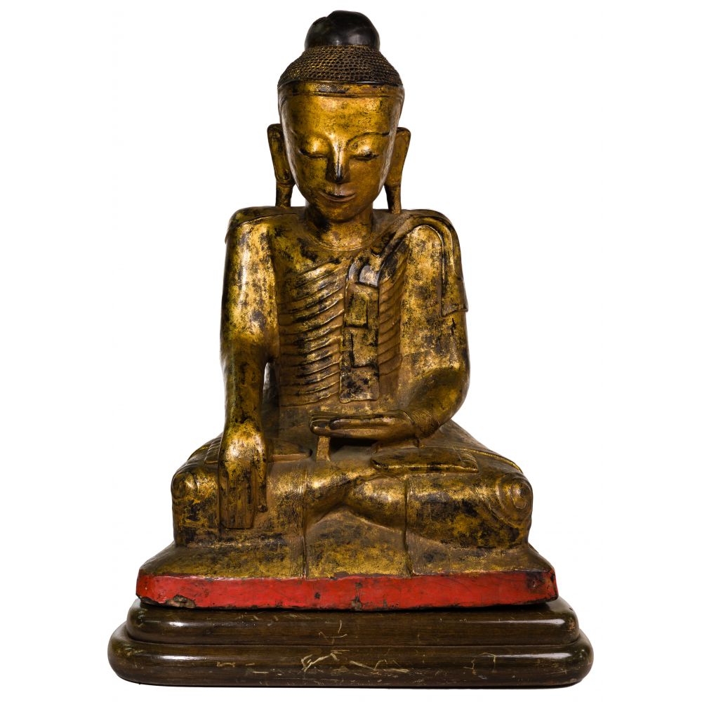 Appraisal: SOUTHEAST ASIAN CARVED WOOD BUDDHA SCULPTUREHaving gilt style finish and