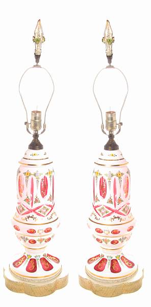 Appraisal: A pair of Bohemian overlay glass table lamps height in