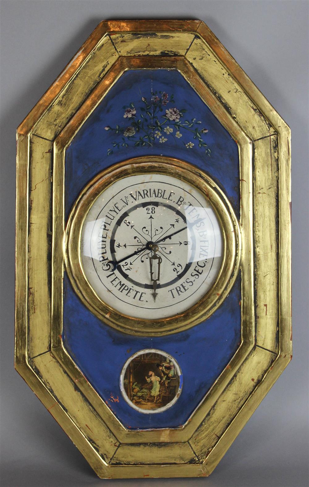 Appraisal: NINETEENTH CENTURY FRENCH CARVED GILTWOOD AND GLASS PAINTED BAROMETER of