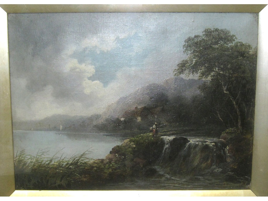 Appraisal: Oil on canvas lakeside scene with a figure indistinctly signed