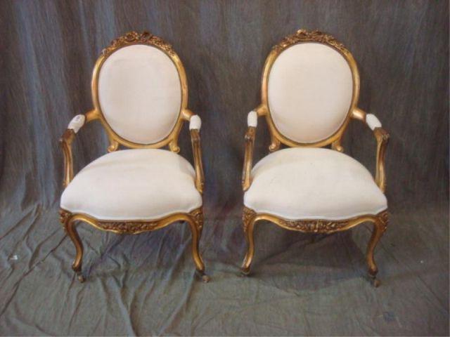 Appraisal: Pair of Gilt Upholstered Louis XV Style Arm Chairs