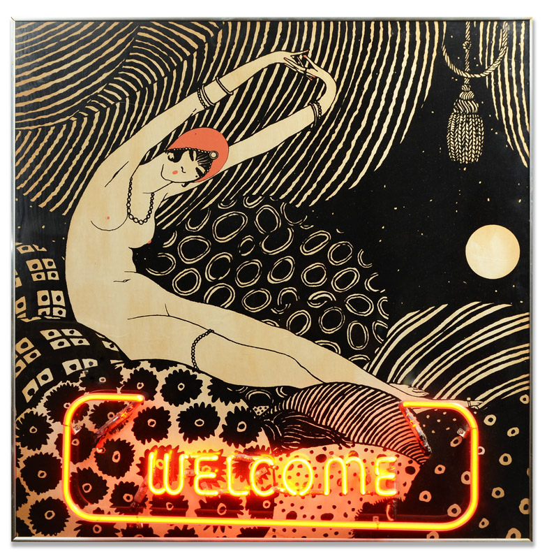 Appraisal: VINTAGE ART DECO NEON WELCOME SIGN Reclining Female Nude Lithograph