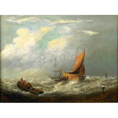 Appraisal: TH C NAUTICAL SCENE Oil on canvas of ships in