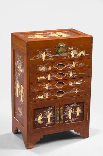 Appraisal: Chinese Silver-Painted and Carved and Polychromed Mother-of-Pearl-Set Silver Chest having