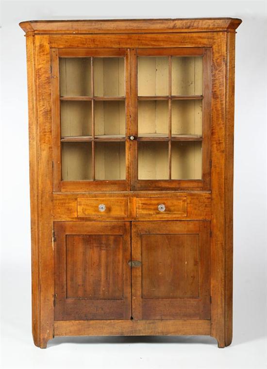 Appraisal: CORNER CUPBOARD Midwestern mid th century curly maple and poplar