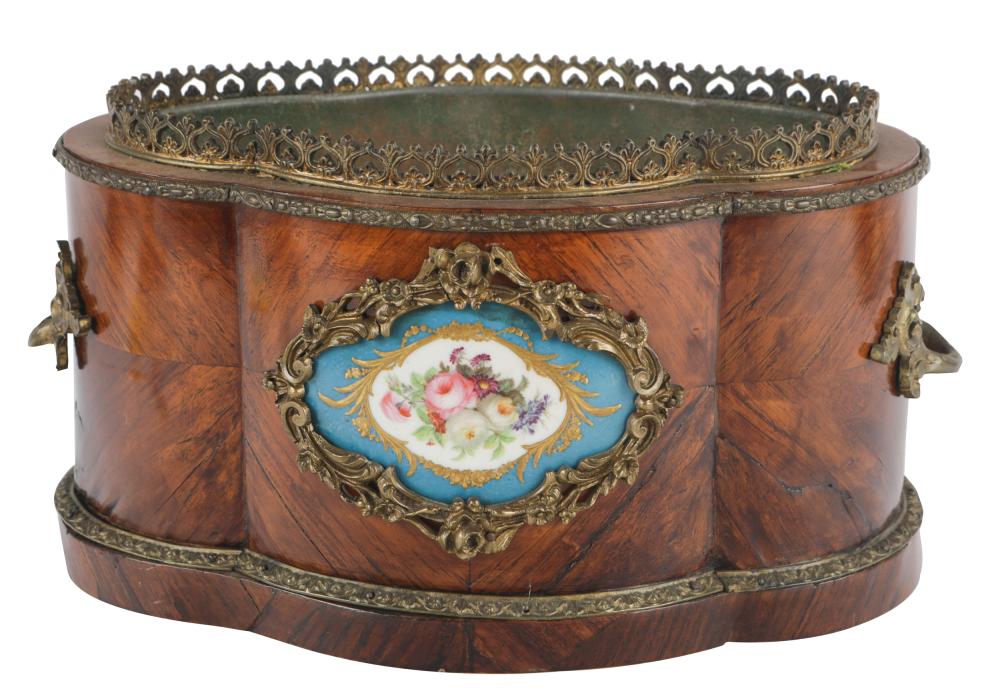 Appraisal: PORCELAIN-MOUNTED PARQUETRY JARDINIEREwith gilt metal mounts and removable liner inches